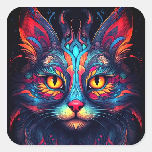 Kleurrijke kitty kat dier psychedelische fantasy k vierkante sticker (Voorkant)
