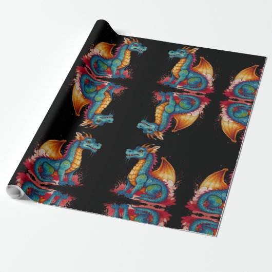 Kleurrijke kleine draak cadeaupapier (Uitgerold)