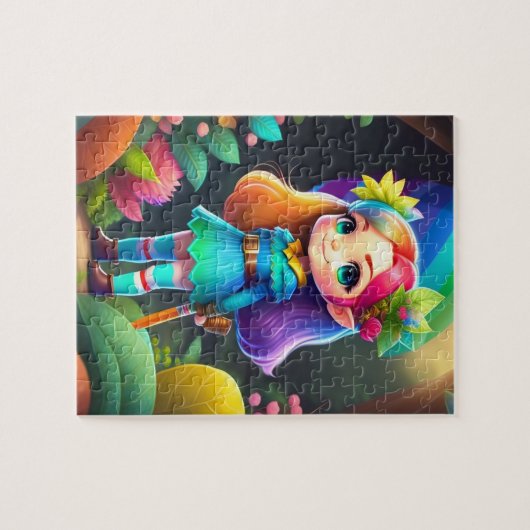 Kleurrijke kleine Schattigee elf meisje met bloeme Legpuzzel (Horizontaal)