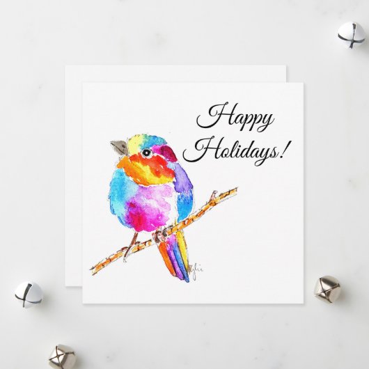 Kleurrijke Kleine Vogel Feestdagenkaart (Voorkant / Achterkant in situ)
