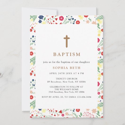 Kleurrijke Kleine Wildflower Lijst Cross Doop Kaart (Voorkant)