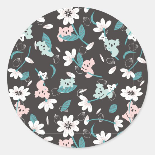 Kleurrijke Koala Patroon Leuke Dier en Bloemen Ronde Sticker (Voorkant)