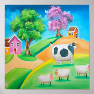 Kleurrijke koe van de folk en schilderwerk van sch poster