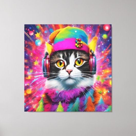 Kleurrijke Koele Kat Kerstmis Carnaval, Abstract Canvas Afdruk (Voorkant)