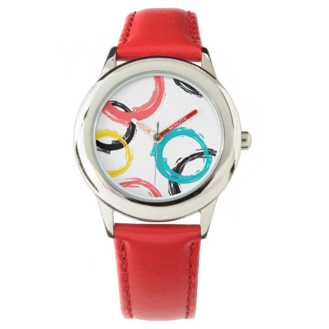 Kleurrijke, koele, moderne, trendy penseelcirkels horloge (Voorkant)