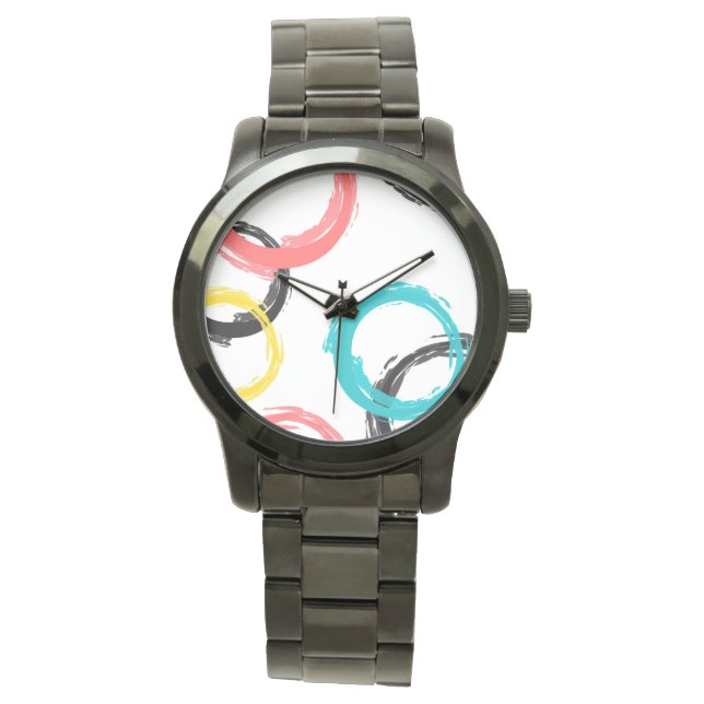 Kleurrijke, koele, moderne, trendy penseelcirkels horloge (Voorkant)