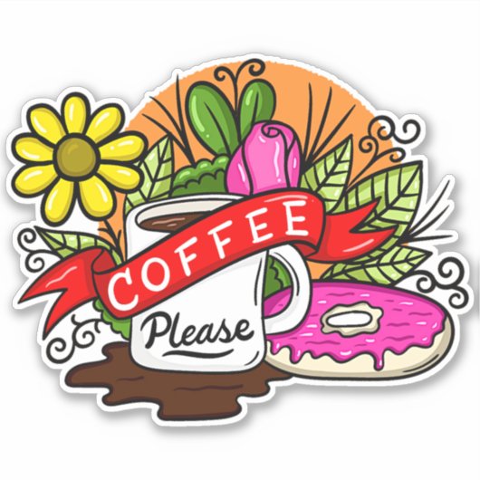 Kleurrijke koffie en donut sticker (Voorkant)