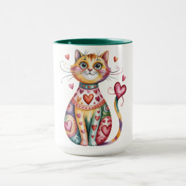 Kleurrijke koffiemok met ontwerp van kat en harten mok