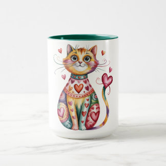 Kleurrijke koffiemok met ontwerp van kat en harten mok