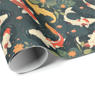Kleurrijke Koi en Waterlelies op Blauwgrijze Gift Cadeaupapier