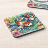 Kleurrijke Koi Fish Whimsical Waterverf Sinaasappe Bier Onderzetter (Linkerzijde)