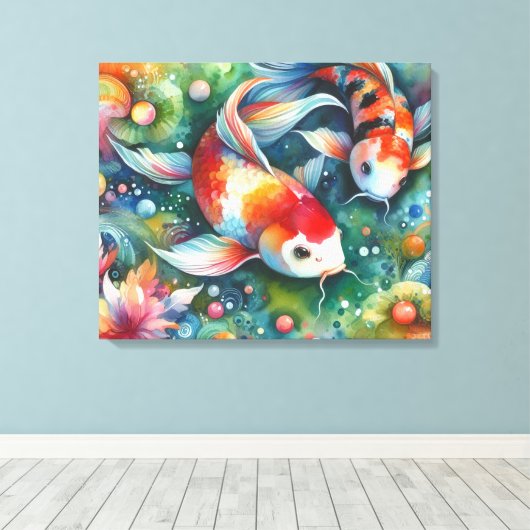 Kleurrijke Koi Fish Whimsical Waterverf Sinaasappe Canvas Afdruk (Insitu (Houten vloer))
