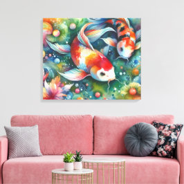 Kleurrijke Koi Fish Whimsical Waterverf Sinaasappe Canvas Afdruk