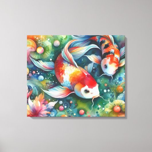 Kleurrijke Koi Fish Whimsical Waterverf Sinaasappe Canvas Afdruk (Voorkant)