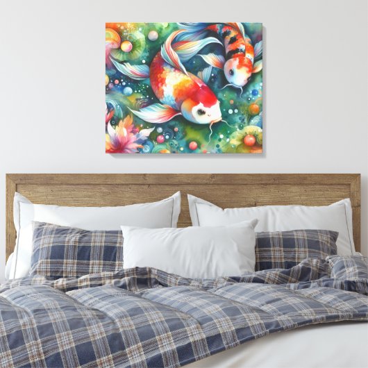 Kleurrijke Koi Fish Whimsical Waterverf Sinaasappe Canvas Afdruk (Insitu (Slaapkamer))