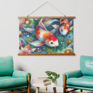 Kleurrijke Koi Fish Whimsical Waterverf Sinaasappe Hangend Wandkleed