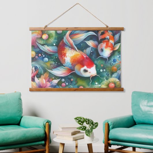 Kleurrijke Koi Fish Whimsical Waterverf Sinaasappe Hangend Wandkleed (Woonkamer)
