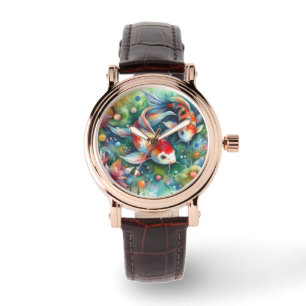 Kleurrijke Koi Fish Whimsical Waterverf Sinaasappe Horloge
