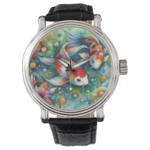 Kleurrijke Koi Fish Whimsical Waterverf Sinaasappe