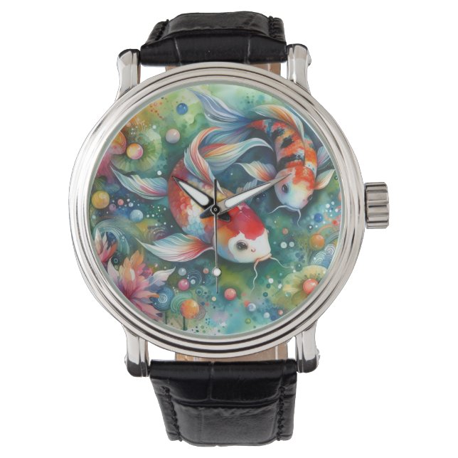 Kleurrijke Koi Fish Whimsical Waterverf Sinaasappe Horloge (Voorkant)