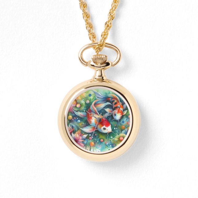 Kleurrijke Koi Fish Whimsical Waterverf Sinaasappe Horloge (Voorkant)