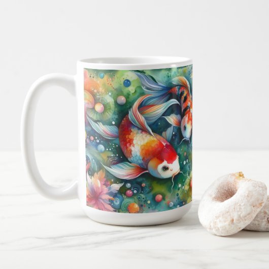 Kleurrijke Koi Fish Whimsical Waterverf Sinaasappe Koffiemok (Met donut)