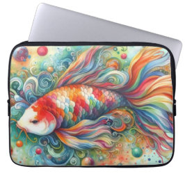 Kleurrijke Koi Fish Whimsical Waterverf Sinaasappe Laptop Sleeve