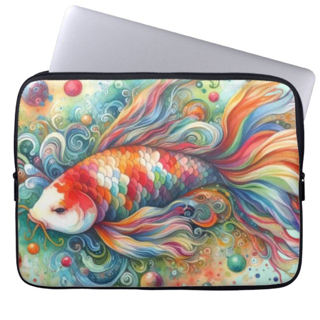 Kleurrijke Koi Fish Whimsical Waterverf Sinaasappe Laptop Sleeve (Voorkant)