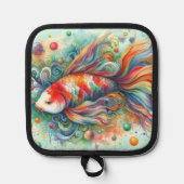 Kleurrijke Koi Fish Whimsical Waterverf Sinaasappe Pannenlap (Voorkant)