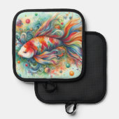 Kleurrijke Koi Fish Whimsical Waterverf Sinaasappe Pannenlap (Voorkant / Achterkant)