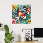Kleurrijke Koi Fish Whimsical Waterverf Sinaasappe Poster (Thuiskantoor)