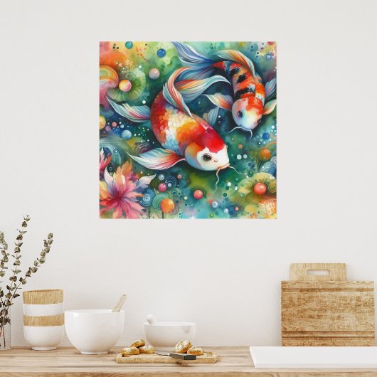 Kleurrijke Koi Fish Whimsical Waterverf Sinaasappe Poster (Keuken)
