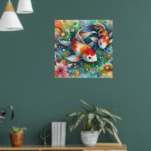 Kleurrijke Koi Fish Whimsical Waterverf Sinaasappe
