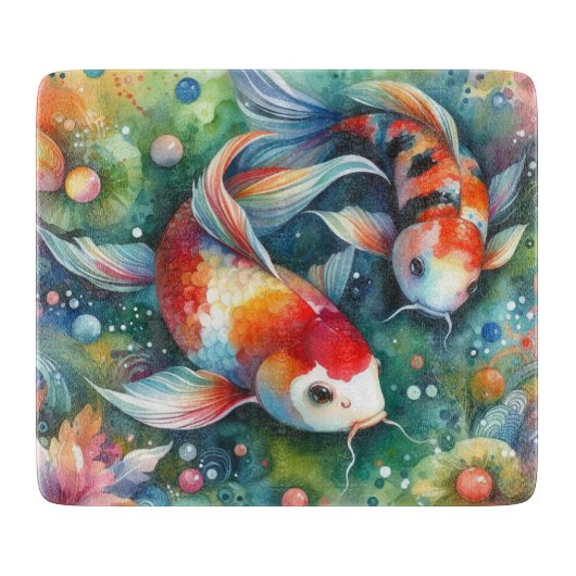 Kleurrijke Koi Fish Whimsical Waterverf Sinaasappe Snijplank (Voorkant)