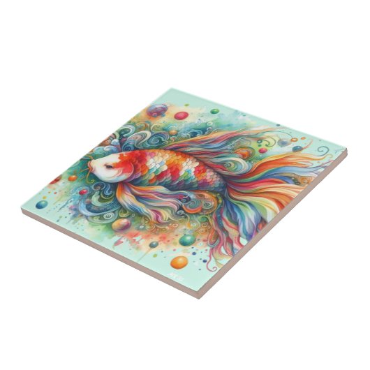 Kleurrijke Koi Fish Whimsical Waterverf Sinaasappe Tegeltje (Zijkant)