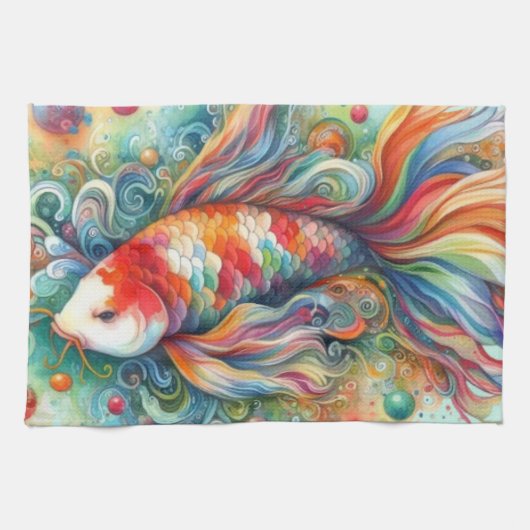 Kleurrijke Koi Fish Whimsical Waterverf Sinaasappe Theedoek (Horizontaal)
