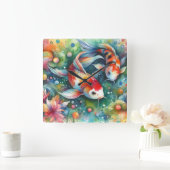 Kleurrijke Koi Fish Whimsical Waterverf Sinaasappe Vierkante Klok (Huis)