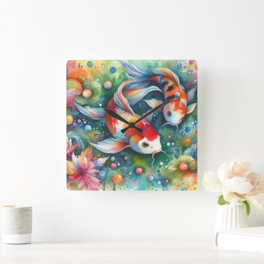 Kleurrijke Koi Fish Whimsical Waterverf Sinaasappe Vierkante Klok (Huis)