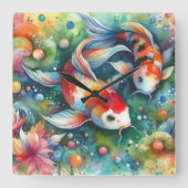 Kleurrijke Koi Fish Whimsical Waterverf Sinaasappe Vierkante Klok (Voorkant)