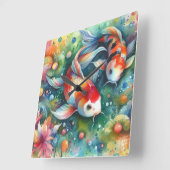 Kleurrijke Koi Fish Whimsical Waterverf Sinaasappe Vierkante Klok (Hoek)