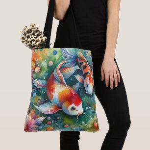 Kleurrijke Koi Vis Whimsical Waterverf Oranje Teal Tote Bag