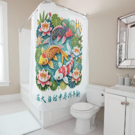 Kleurrijke Koi Zwemmen in Lotus Gevulde Vijver Douchegordijn