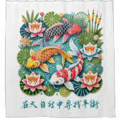 Kleurrijke Koi Zwemmen in Lotus Gevulde Vijver Douchegordijn (Voorkant)