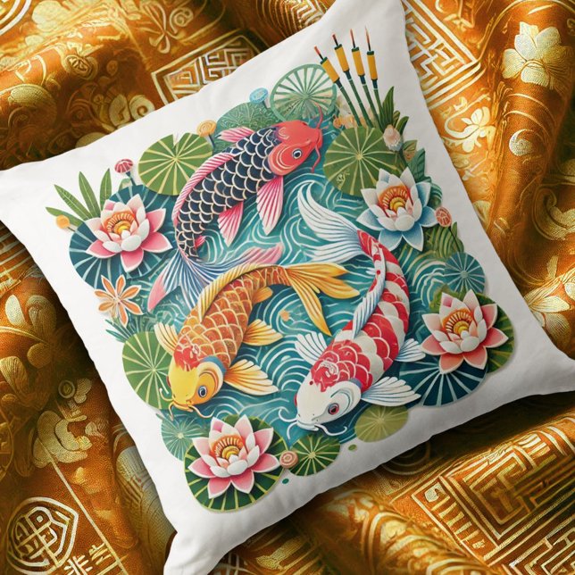 Kleurrijke Koi Zwemmen in Lotus Gevulde Vijver Kussen (Colorful Koi Swimming in Lotus Filled Pond Throw Pillow Cover Photo)