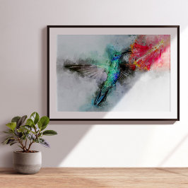 Kleurrijke Kolibrie Aquarel Bloem Kunstprint Foto Afdruk