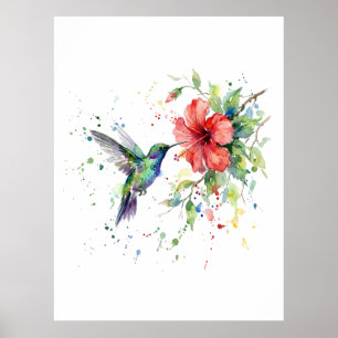 Kleurrijke Kolibrie Aquarel Bloemrijke Natuur Kuns Poster