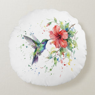 Kleurrijke Kolibrie Aquarel Bloemrijke Natuur Kuns Rond Kussen