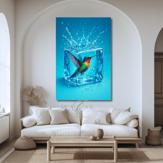 Kleurrijke Kolibrie in Ijsblokje Neonblauw Poster