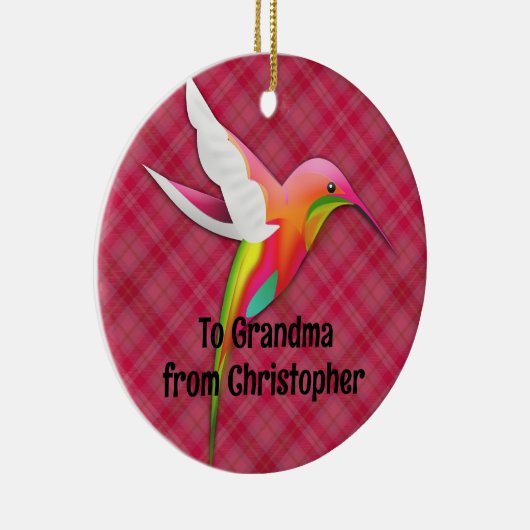 Kleurrijke kolibrie met levendige roze geruite keramisch ornament (Rechts)