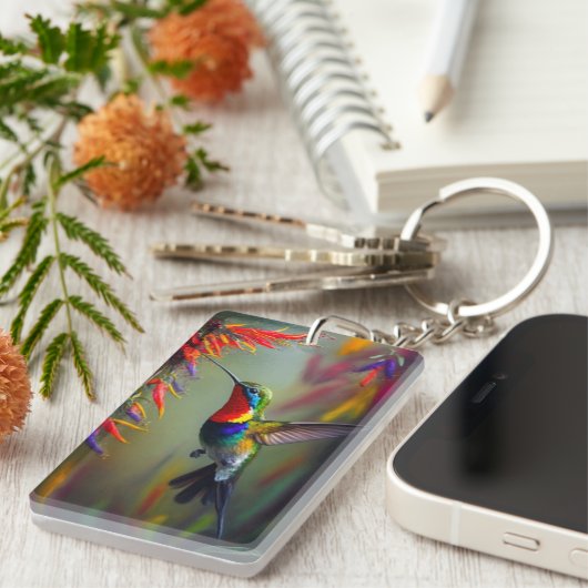Kleurrijke kolibrie olieverfschilderij stijl sleutelhanger (Voorkant Rechts)